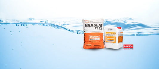 Drizoro Maxseal Flex waterproofing membrane applied on a concrete wall, showing flexible cementitious coating for durable waterproof protection.